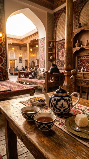 “A Samarkand tea house, golden hour”